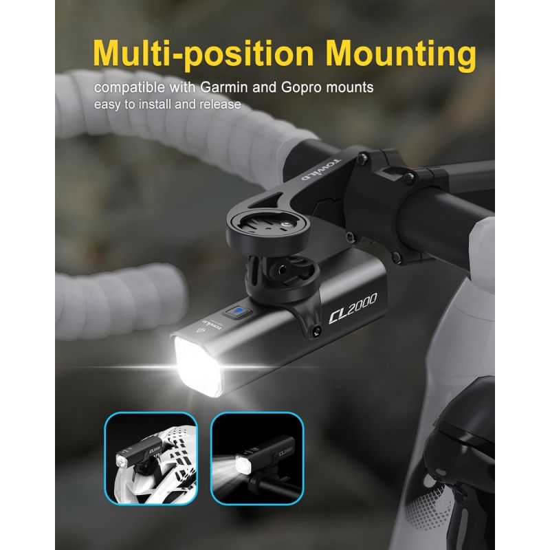 TOWILD CL2000 Přední světlo na kolo 2000LM | Super Jasné, Vodotěsné pro MTB/Silniční noční jízdu a viditelnost