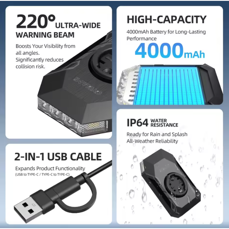 CYCLAMI CL350 přední světlo na kolo 4000mAh, Type-C, držák cyklopočítače, powerbanka, noční jízda