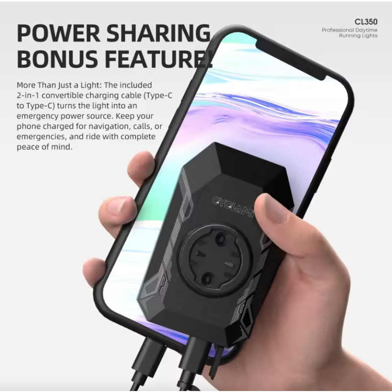 CYCLAMI CL350 přední světlo na kolo 4000mAh, Type-C, držák cyklopočítače, powerbanka, noční jízda