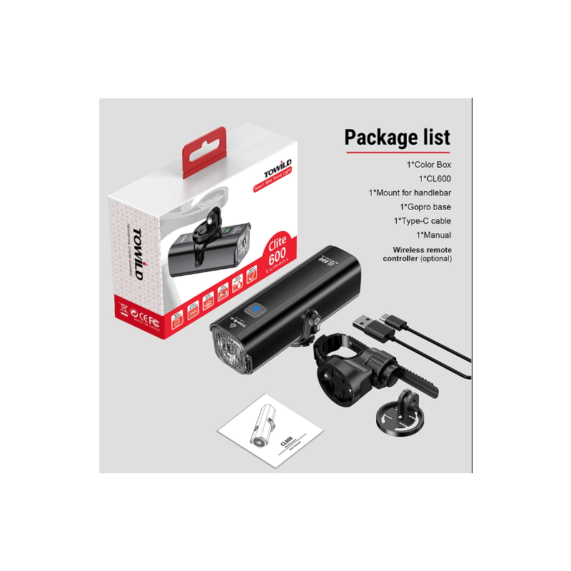 TOWILD CL600 Cyklistické Světlo: USB Dobíjecí LED Světlomet s 2000mAh pro Bezpečnost na Kolečích, Vodotěsné