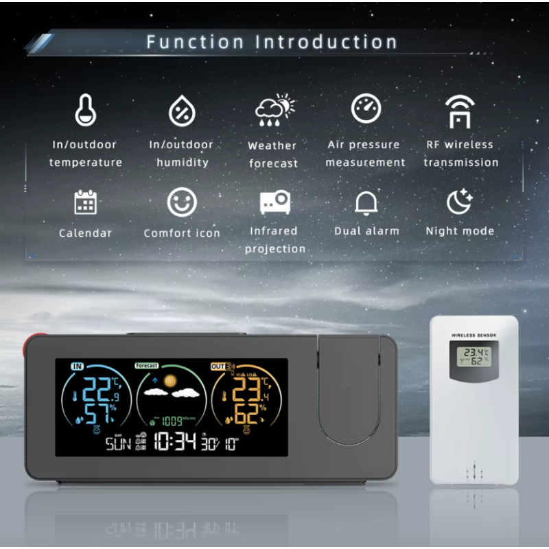 Digitální Projekční Hodiny s Předpovědí Počasí | Elektronická Meteorologická Stanice & Alarm | Elegantní Design & Inovace pro Domácnost
