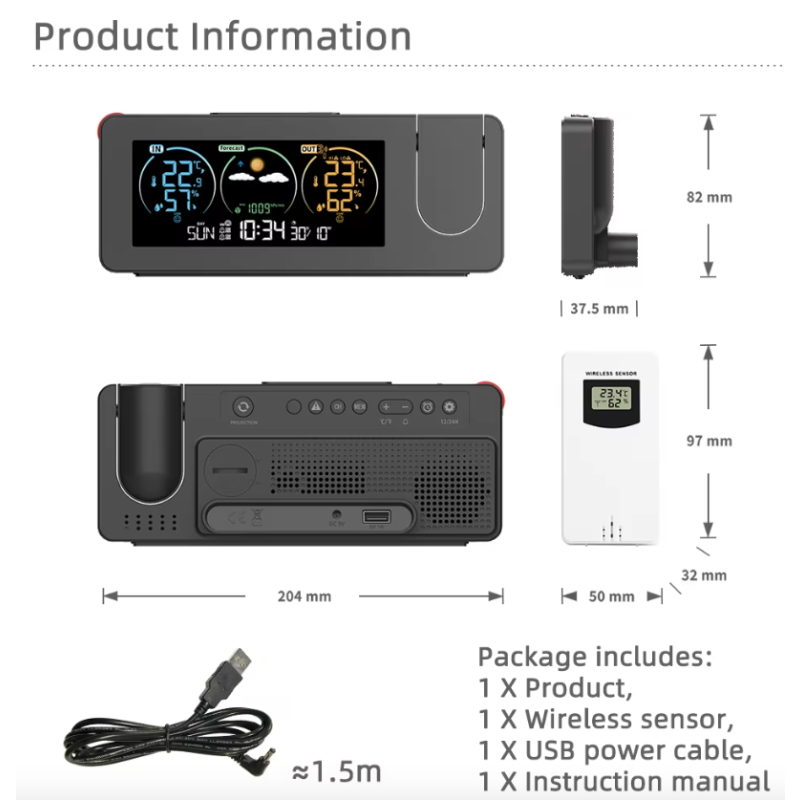 Digitální Projekční Hodiny s Předpovědí Počasí | Elektronická Meteorologická Stanice & Alarm | Elegantní Design & Inovace pro Domácnost