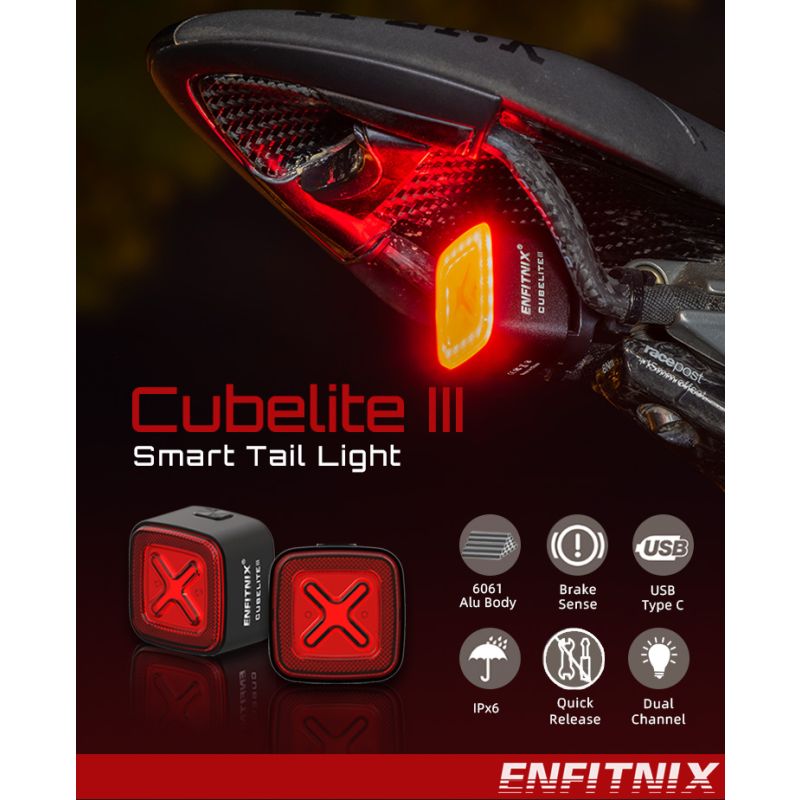Enfitnix Cubelite III Ultra Jasné Chytré Zadní Světlo na Kolo USB Dobíjecí 30 Lumenů pro Bezpečnost a Viditelnost Cyklistů