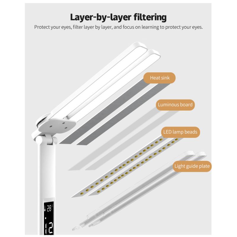 LED Stolní Lampa s Kalendářem a USB nočním světlem – Ochrana Očí, Přenosná, Nastavitelný Jas pro Domácí Kancelář a Ložnici