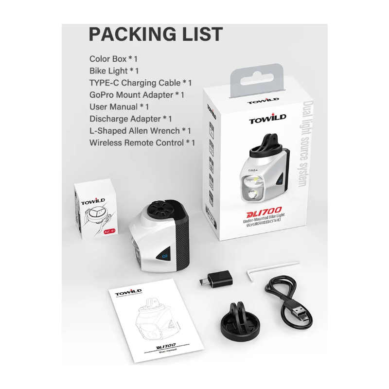 TOWILD DL1700: 1900 lumenů USB dobíjecí světlo na kolo, voděodolné pro noční jízdu.