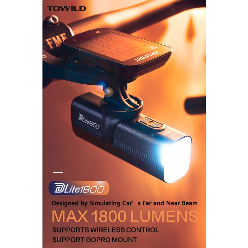 TOWILD DLite 1800 USB dobíjecí světlo na kolo 2100 lumenů, 5000mAh baterie, GoPro montáž, dvoupaprskové režimy