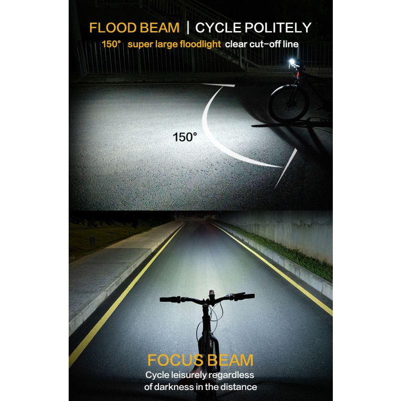 TOWILD DLite 1800 USB dobíjecí světlo na kolo 2100 lumenů, 5000mAh baterie, GoPro montáž, dvoupaprskové režimy