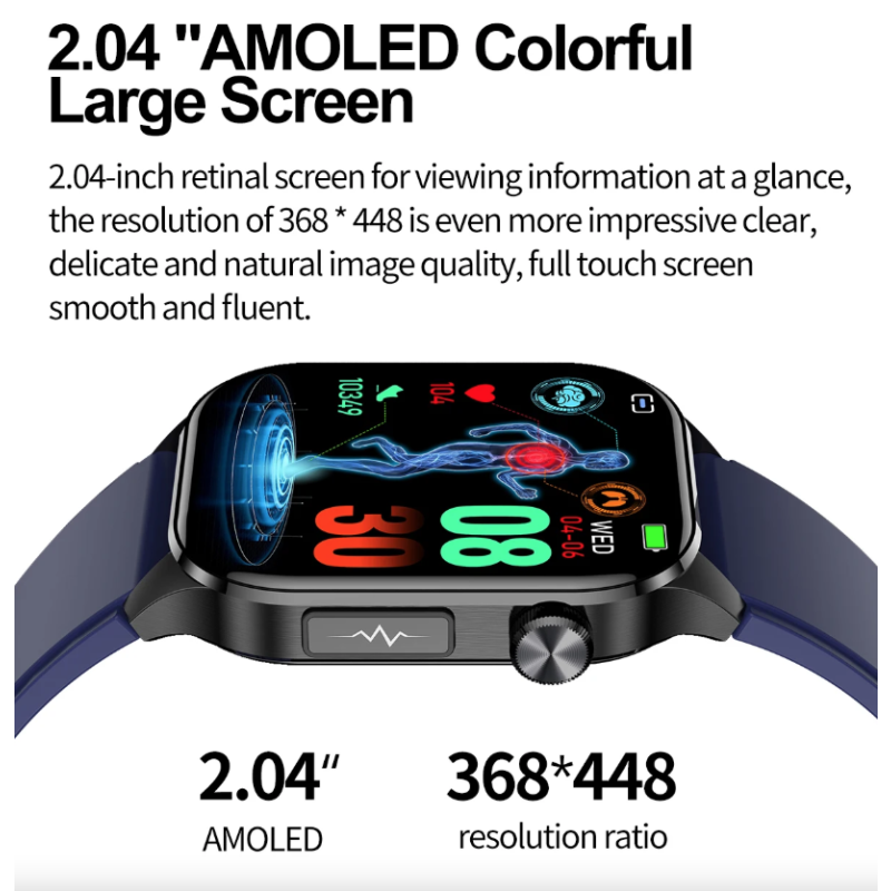 E580 Chytré Hodinky s Glukózou, EKG, Srdečním Tepem, Krevním Tlakem a IP68. Zdraví na 2.04