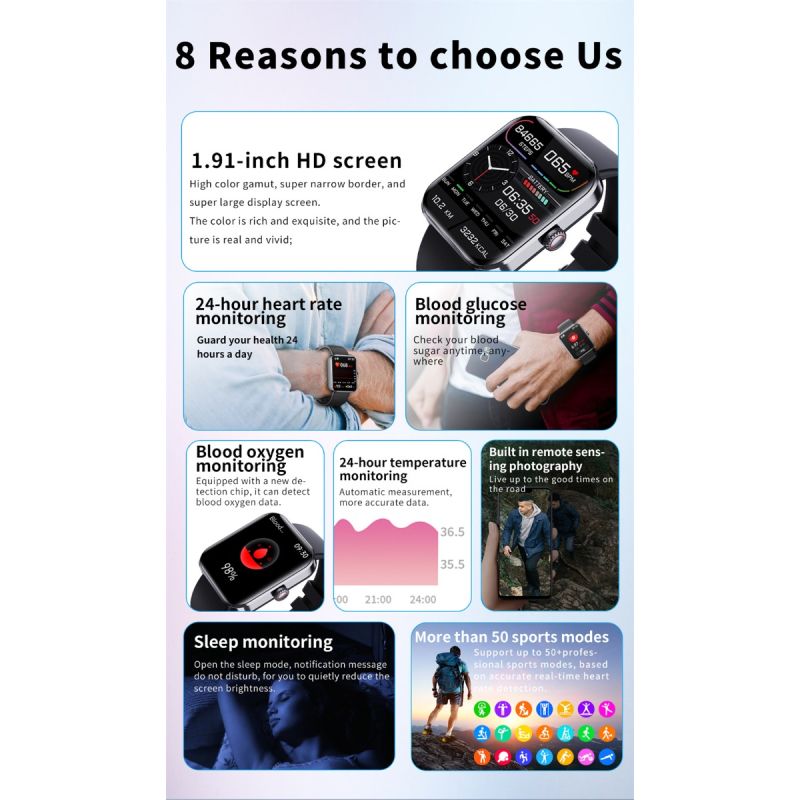 Chytré hodinky F57L s monitorem cukru, tlaku, tepu a teploty | Sportovní monitor 1.91