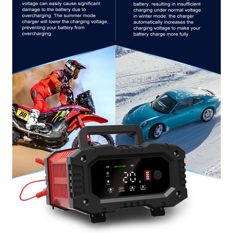 FOXSUR 20A 12V/24V Přenosná Nabíječka Autobaterií | Univerzální & Spolehlivá s 7-stupňovým CPU Řízením