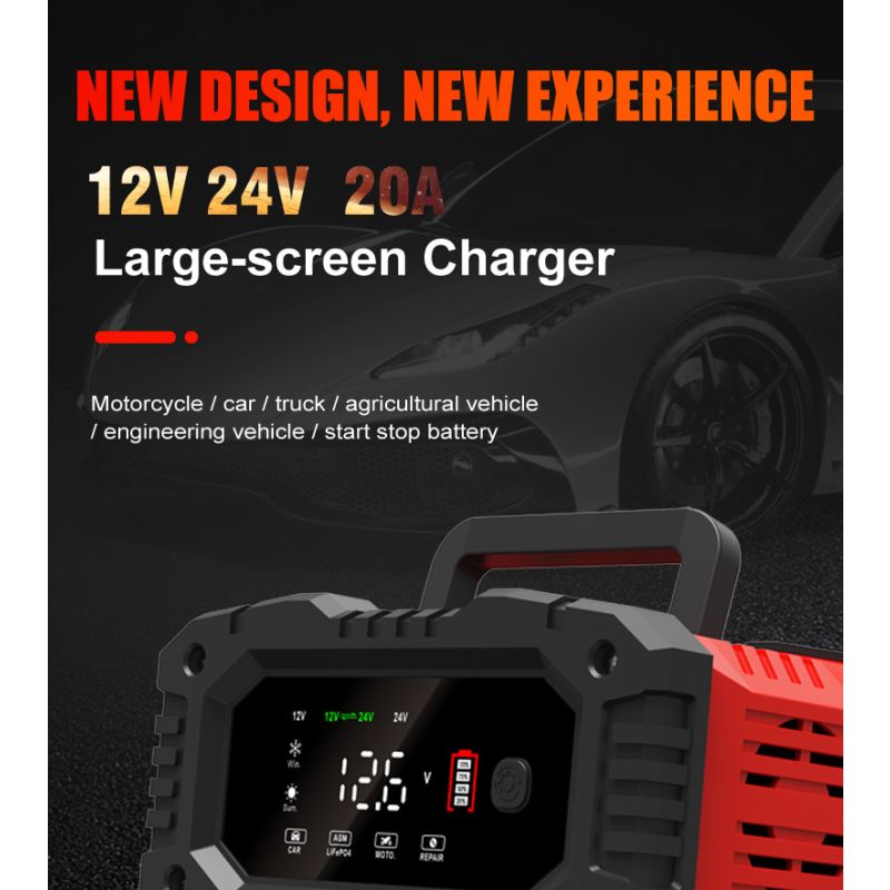 FOXSUR 20A 12V/24V Přenosná Nabíječka Autobaterií | Univerzální & Spolehlivá s 7-stupňovým CPU Řízením