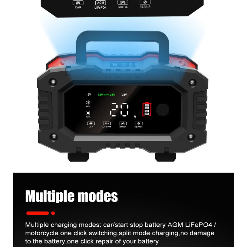 FOXSUR 20A 12V/24V Přenosná Nabíječka Autobaterií | Univerzální & Spolehlivá s 7-stupňovým CPU Řízením