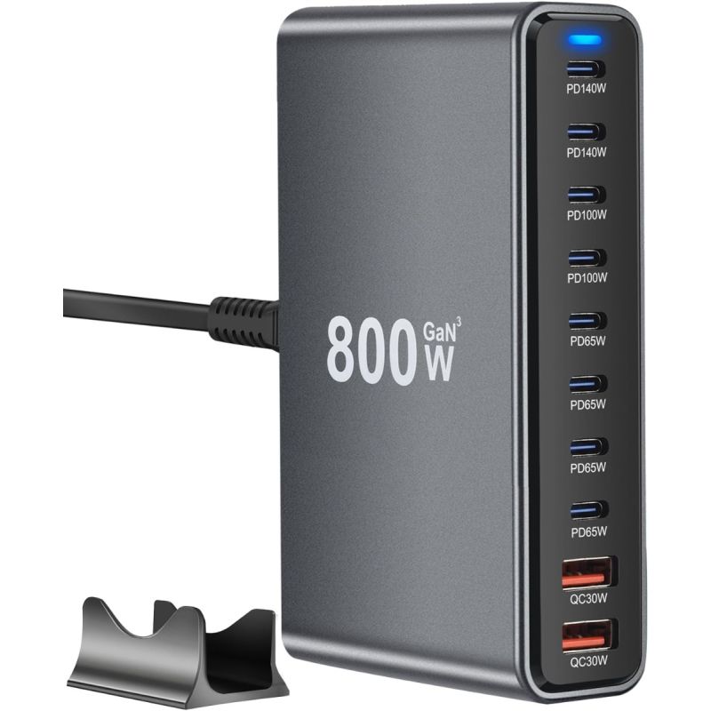 800W USB C GaN III Pro 10 port nabíječka pro MacBook, iPhone, tablety. Rychlé nabíjení.