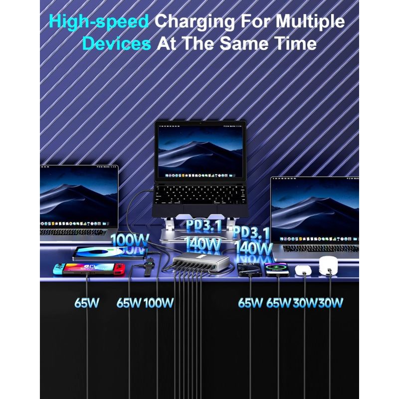 800W USB C GaN III Pro 10 port nabíječka pro MacBook, iPhone, tablety. Rychlé nabíjení.