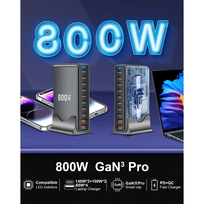 800W USB C GaN III Pro 10 port nabíječka pro MacBook, iPhone, tablety. Rychlé nabíjení.