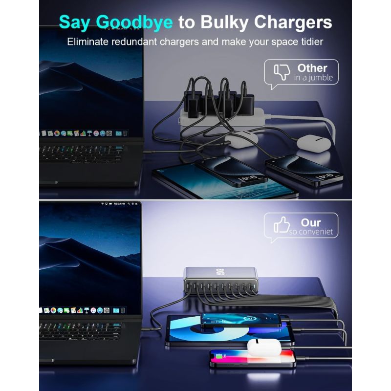 800W USB C GaN III Pro 10 port nabíječka pro MacBook, iPhone, tablety. Rychlé nabíjení.