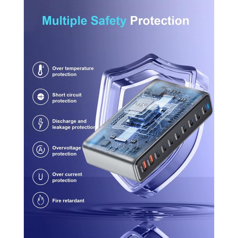 800W USB C GaN III Pro 10 port nabíječka pro MacBook, iPhone, tablety. Rychlé nabíjení.