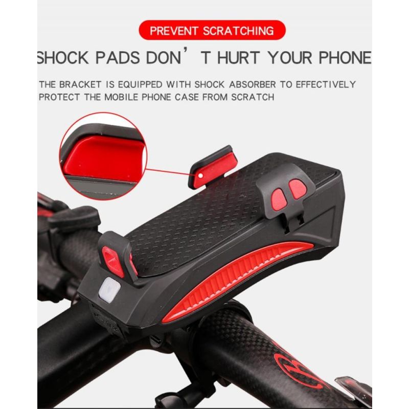 Multifunkční 4v1 MTB USB dobíjecí cyklo svítilna: Klakson, powerbanka, držák telefonu. Nezbytné příslušenství pro cyklisty!