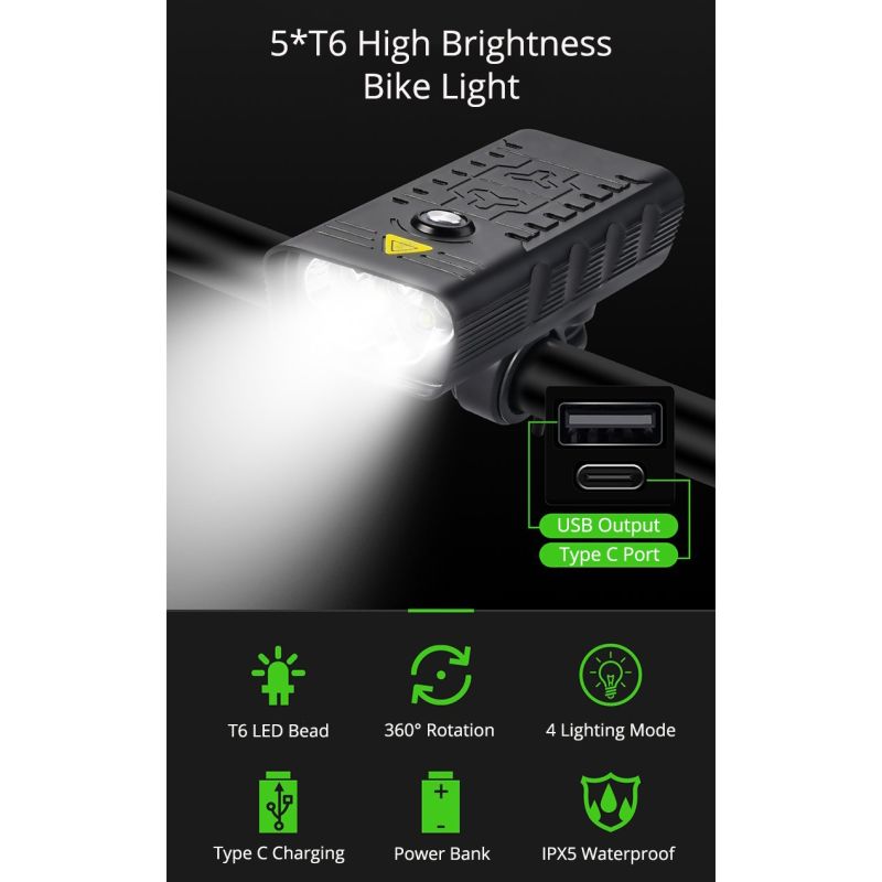 TK5 přední světla 5000 lumenů USB dobíjecí cyklistický světlomet – Super jasné pro noční jízdu a bezpečnost!