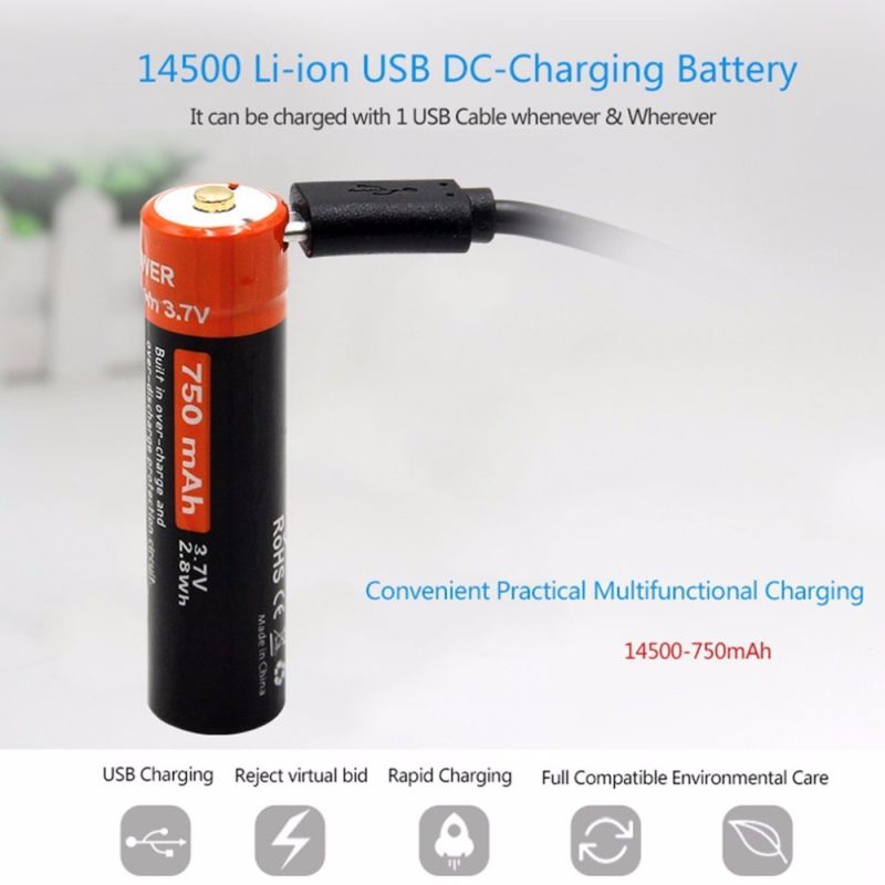 Doublepow 14500 750mAh 3.7V Li-ion Baterie | USB Dobíjecí LED Indikátor | Pro kempování a zařízení