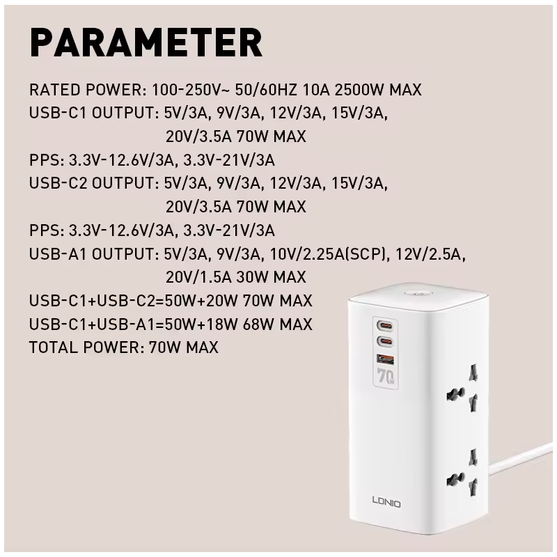 LDNIO Tower Multi Tap Cube Power Strip 70W USB-C, Univerzální Zásuvka UK US EU, Domácnost Kancelář Rychlé Nabíjení