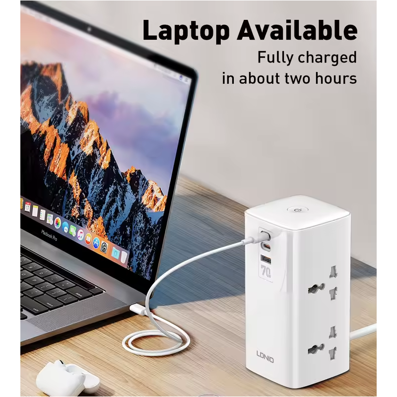 LDNIO Tower Multi Tap Cube Power Strip 70W USB-C, Univerzální Zásuvka UK US EU, Domácnost Kancelář Rychlé Nabíjení