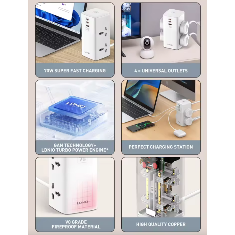 LDNIO Tower Multi Tap Cube Power Strip 70W USB-C, Univerzální Zásuvka UK US EU, Domácnost Kancelář Rychlé Nabíjení