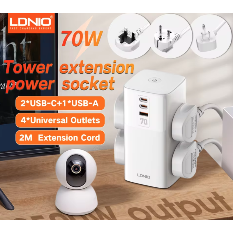 LDNIO Tower Multi Tap Cube Power Strip 70W USB-C, Univerzální Zásuvka UK US EU, Domácnost Kancelář Rychlé Nabíjení