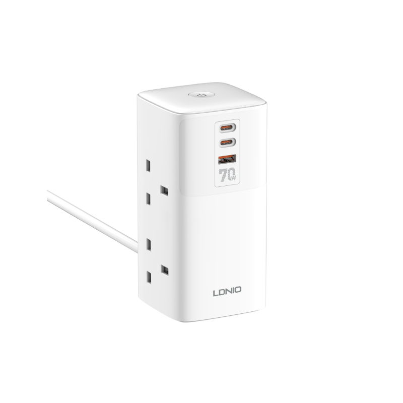 LDNIO Tower Multi Tap Cube Power Strip 70W USB-C, Univerzální Zásuvka UK US EU, Domácnost Kancelář Rychlé Nabíjení