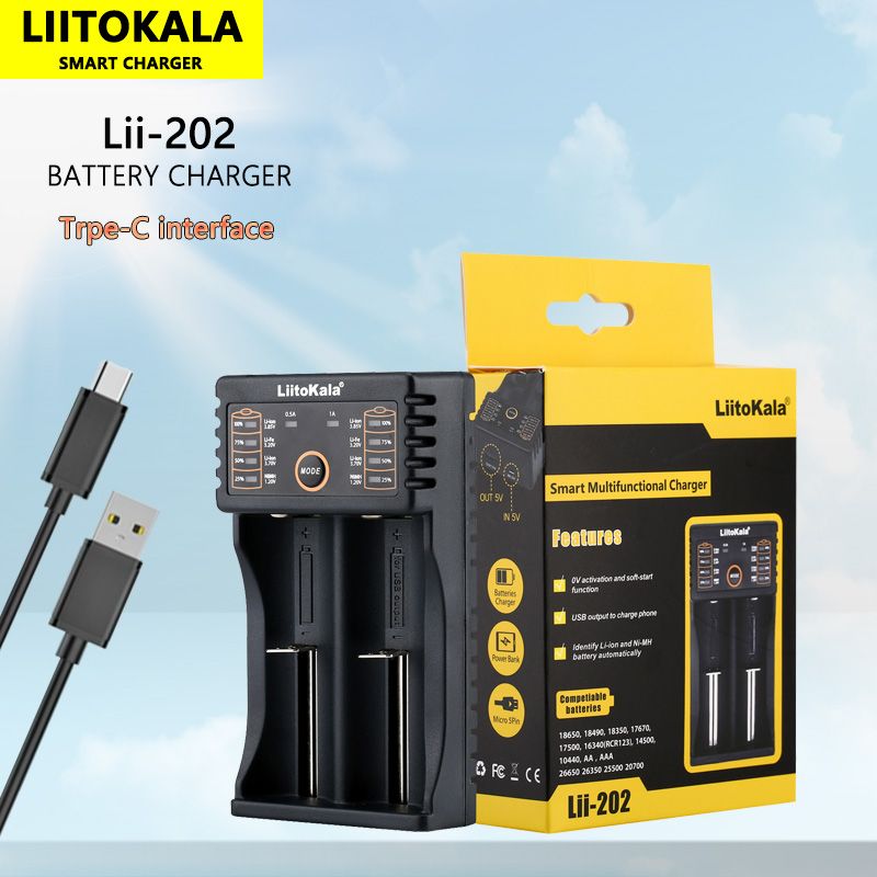 Liitokala Lii-202 Inteligentní Nabíječka 3.7V pro 18650, 26650, NiMH & Lithiové Baterie s USB Výstupem Přenosná