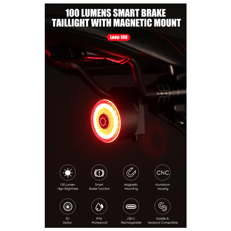 **Gaciron LOOP-100 LED zadní světlo na kolo s vysokým jasem a brzdovým senzorem pro cyklistickou bezpečnost.**