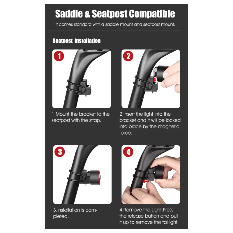 **Gaciron LOOP-100 LED zadní světlo na kolo s vysokým jasem a brzdovým senzorem pro cyklistickou bezpečnost.**