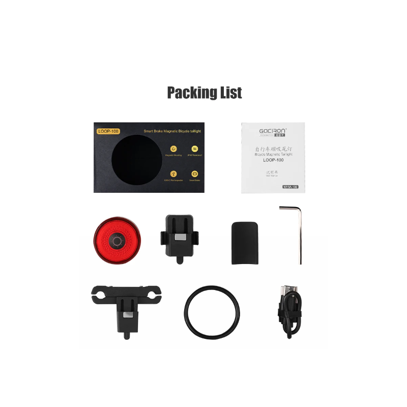 **Gaciron LOOP-100 LED zadní světlo na kolo s vysokým jasem a brzdovým senzorem pro cyklistickou bezpečnost.**