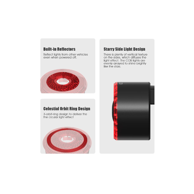 **Gaciron LOOP-100 LED zadní světlo na kolo s vysokým jasem a brzdovým senzorem pro cyklistickou bezpečnost.**