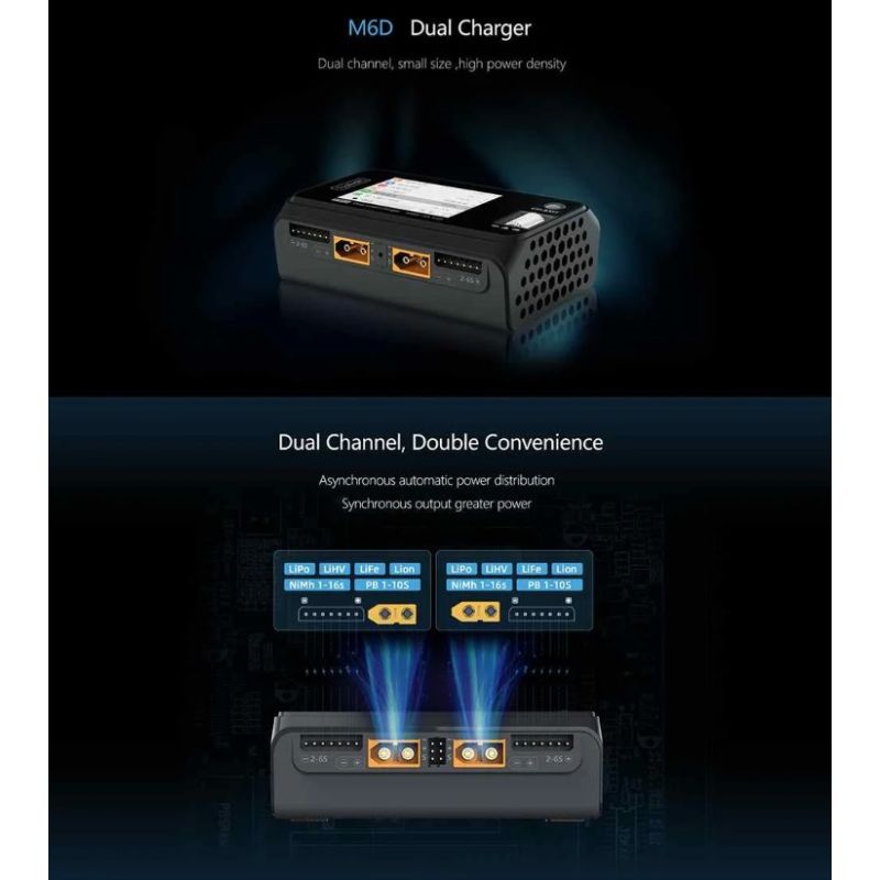 ToolkitRC M6D 500W 15A DC dvoukanálový MINI Smart Charger | Nabíječ/Vybíječ pro RC drony LiPo, Rychlé nabíjení baterií