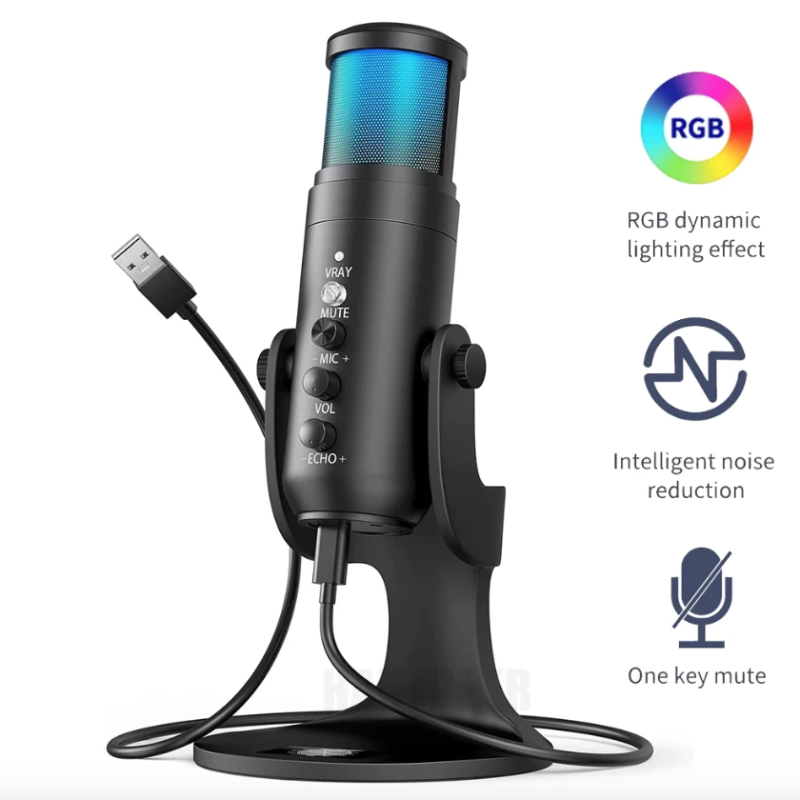 MU900PRO RGB USB Profesionální Stream/Gaming Mikrofon s Dynamickým RGB Podsvícením pro Tvůrce Obsahu, Vysoká Kvalita Zvuku