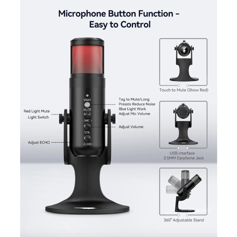 MU900PRO RGB USB Profesionální Stream/Gaming Mikrofon s Dynamickým RGB Podsvícením pro Tvůrce Obsahu, Vysoká Kvalita Zvuku