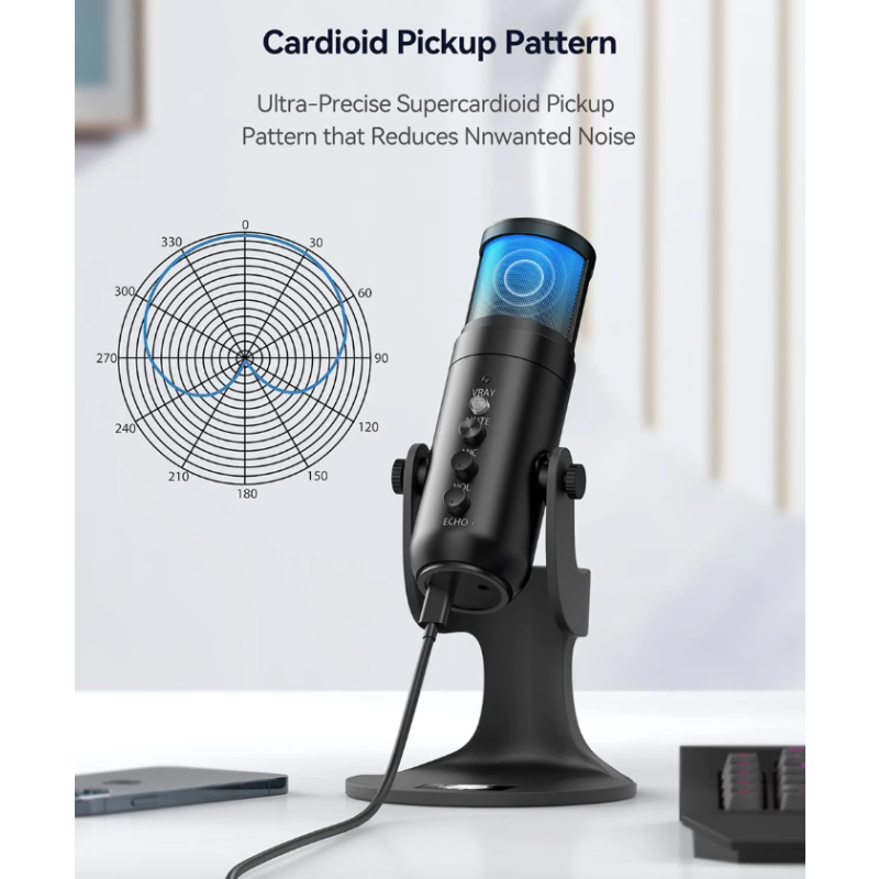 MU900PRO RGB USB Profesionální Stream/Gaming Mikrofon s Dynamickým RGB Podsvícením pro Tvůrce Obsahu, Vysoká Kvalita Zvuku