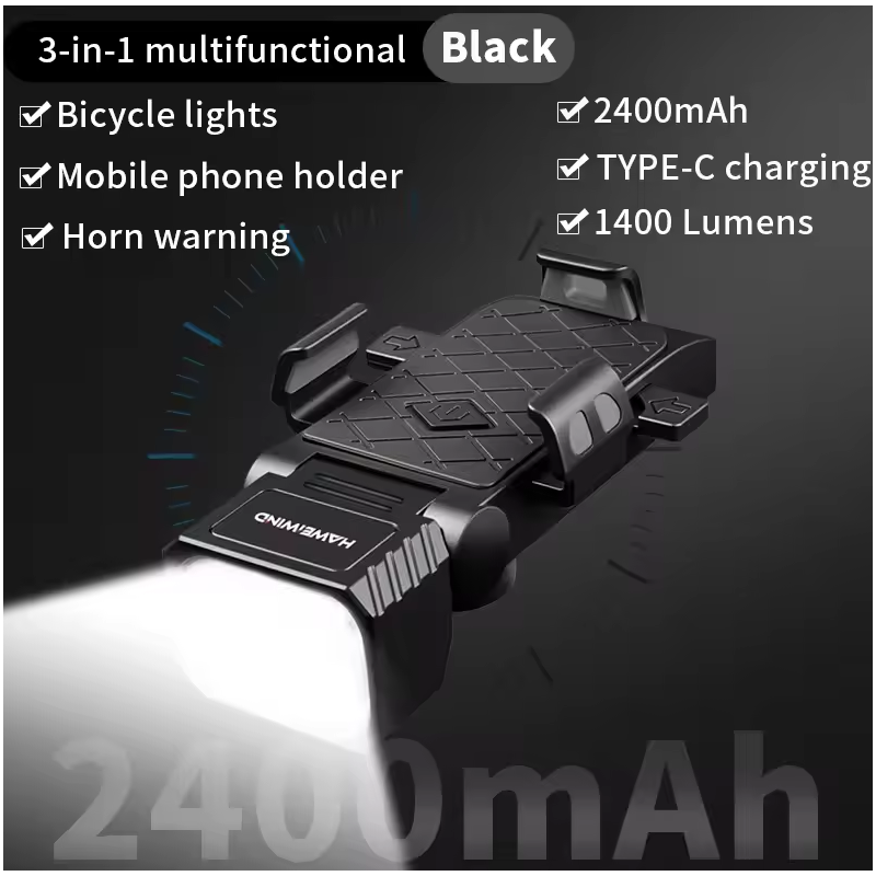 Bezpečně s námi! Multifunkční světlo na kolo s klaksonem a držákem telefonu na kolo | USB-C