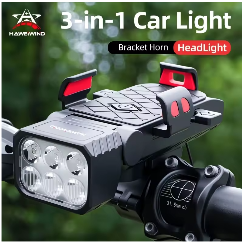 Bezpečně s námi! Multifunkční světlo na kolo s klaksonem a držákem telefonu na kolo | USB-C