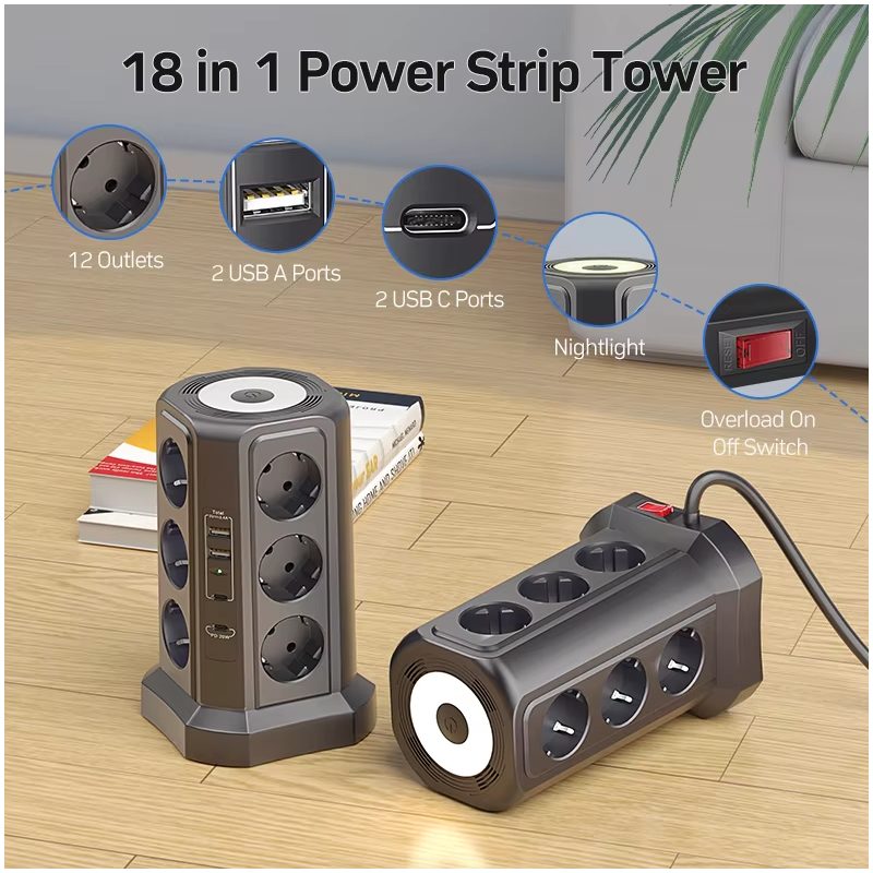 XT-G3211 EU Přepěťová ochrana 4000W 16A, Prodlužovací kabel s USB A/C a nočním světlem pro domácnost/kancelář