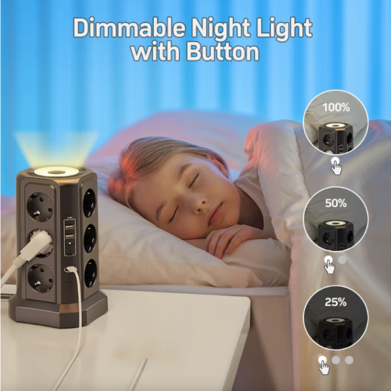 XT-G3211 EU Přepěťová ochrana 4000W 16A, Prodlužovací kabel s USB A/C a nočním světlem pro domácnost/kancelář