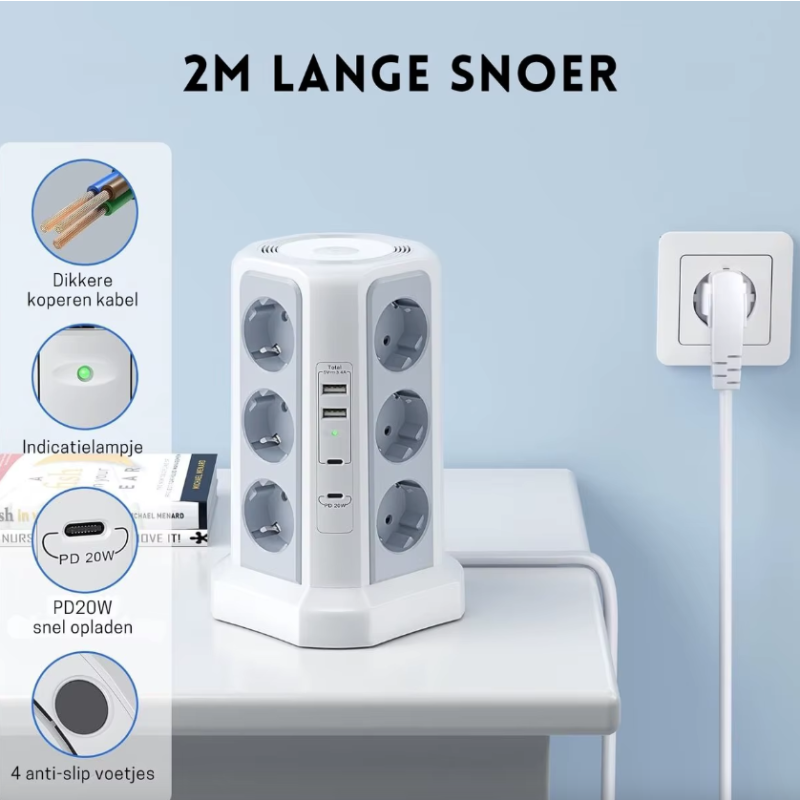 XT-G3211 EU Přepěťová ochrana 4000W 16A, Prodlužovací kabel s USB A/C a nočním světlem pro domácnost/kancelář