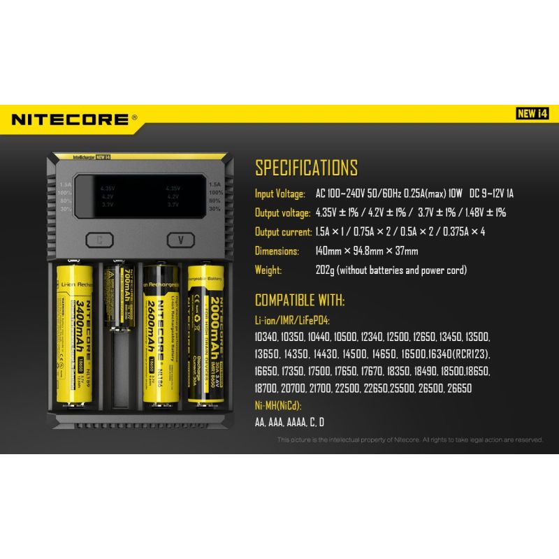 Nitecore nové I4 Li-ion chytrá nabíječka - Kompatibilní s Li-ion & NiMH, Bezpečné a efektivní nabíjení