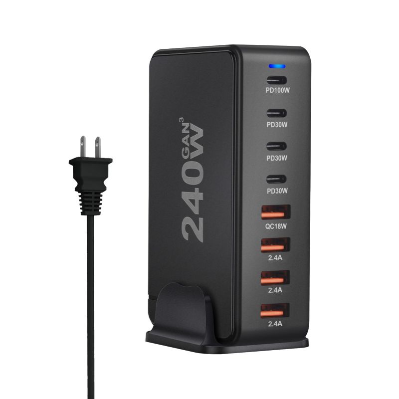 240W GaN 8portová USB-C PD 3.0 Stolní Nabíječka pro Rychlé Nabíjení Více Zařízení - Efektivní & Výkonná