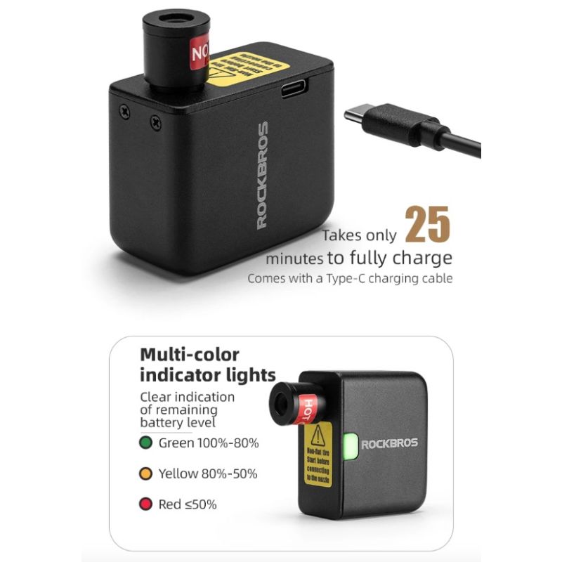 ROCKBROS dobíjecí mini elektrická pumpa 100PSI pro auto, kolo, moto – lehká, přenosná hustilka pneumatik