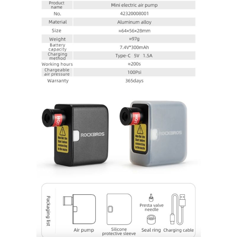 ROCKBROS dobíjecí mini elektrická pumpa 100PSI pro auto, kolo, moto – lehká, přenosná hustilka pneumatik
