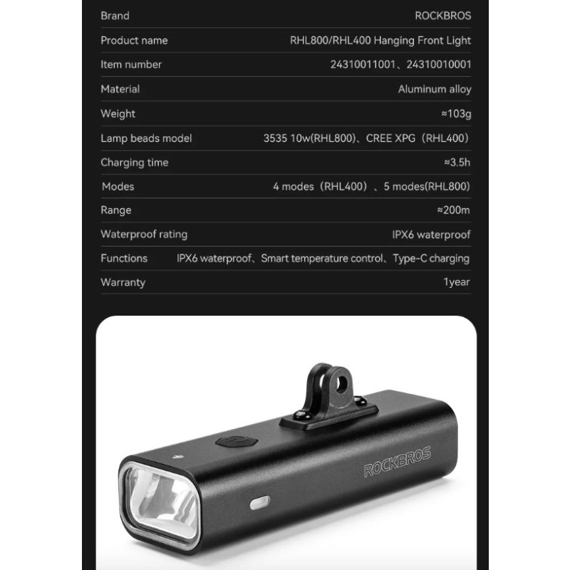 ROCKBROS RHL-1000LUMEN Přední světlo na kolo | 1000 Lumenů, Dobíjecí Type-C, Nepromokavé LED pro Noční Jízdu