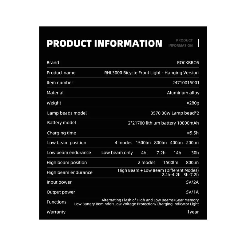 ROCKBROS RHL3000 Svítilna na Kolo 3000 Lumenů, 10000mAh Vodotěsná LED přední světlo pro MTB Silniční Cyklistiku