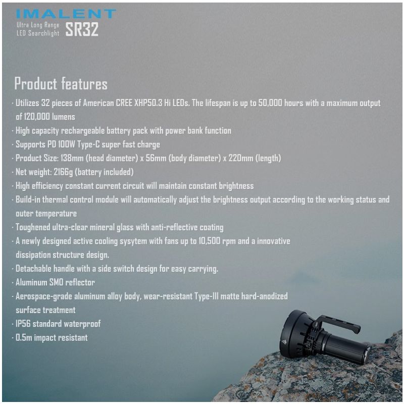IMALENT SR32 120000lm Výkonná LED Svítilna s Dosvitem 2080m, Extrémně Odolná pro Outdoor & Dobrodružství